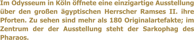 Im Odysseum in Kln ffnete eine einzigartige Ausstellung ber den groen gyptischen Herrscher Ramses II. ihre Pforten. Zu sehen sind mehr als 180 Originalartefakte; im Zentrum der der Ausstellung steht der Sarkophag des Pharaos.