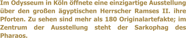 Im Odysseum in Kln ffnete eine einzigartige Ausstellung ber den groen gyptischen Herrscher Ramses II. ihre Pforten. Zu sehen sind mehr als 180 Originalartefakte; im Zentrum der Ausstellung steht der Sarkophag des Pharaos.